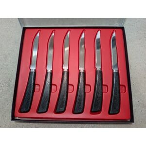 Lot of 6 Vintage Quikut Stainless Serrated Steak Knives Black Faux Wood Handle